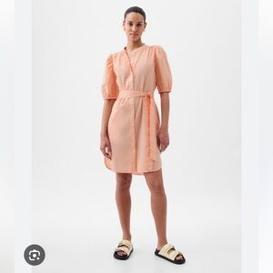 GAP NWT Linen Cotton Blend Puff Sleeve Button Front Tie Dress Peach Size XL
